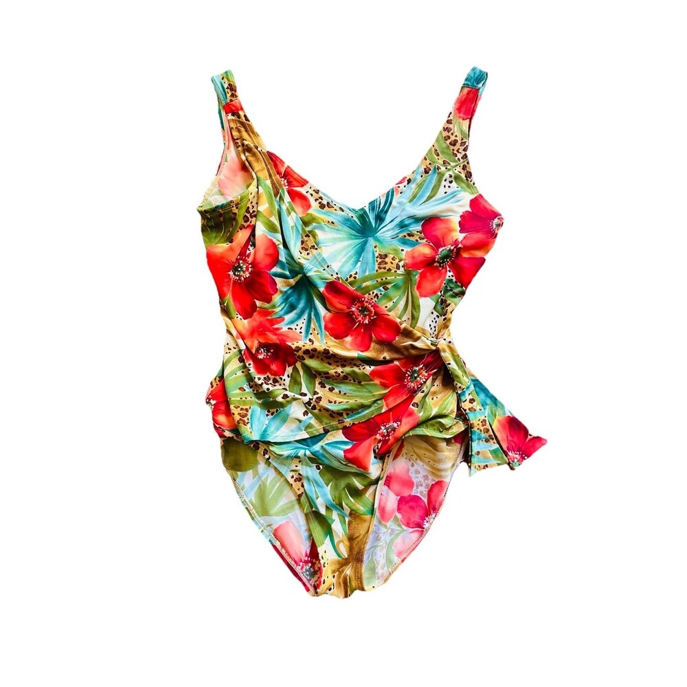 Islander swim suit one piece leopard SZ 10 M Hawaiian Turquoise Floral Tropical